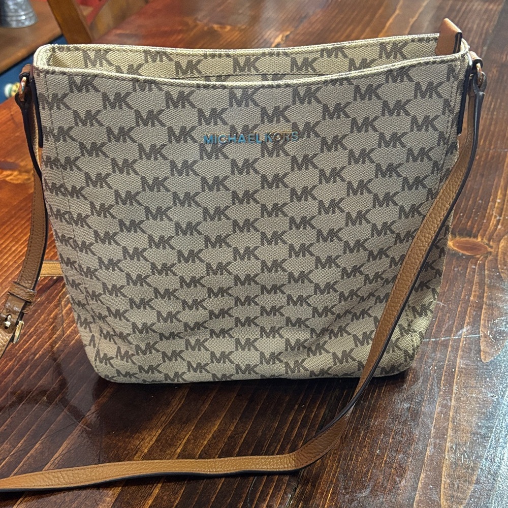 Michael Kors Tan and Brown MK Logo Crossbody Bag